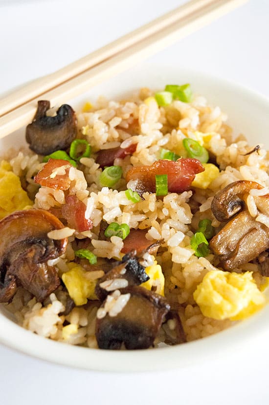 My grandmother's breakfast fried rice, stuffed with bacon and eggs for a quick and hearty meal.