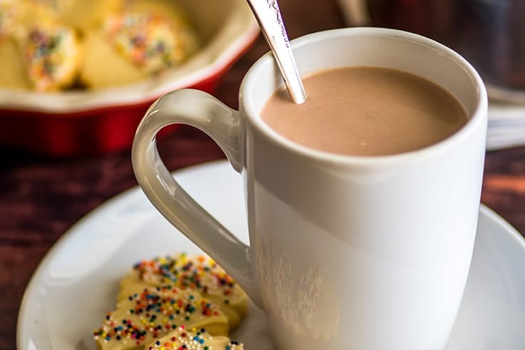 Homemade hot cocoa in a mug on a plate with shortbread cookies.