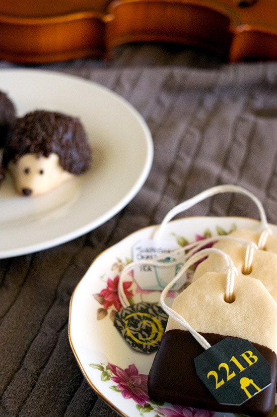 Charming shortbread tea bag cookies, dipped in chocolate, with printable "Sherlock" tea tags from BakingMischief.com.
