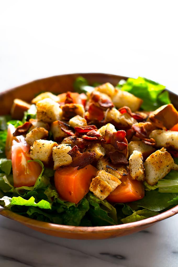 This Light and Healthy BLT Salad is a delicious twist on a favorite diner classic. From BakingMischief.com