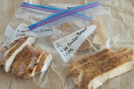 Chicken cooked for salad in freezer bags ready to be frozen.