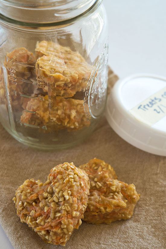 These Carrot Oat Applesauce Treats are quick and easy four-ingredient treats for dogs and horses. From BakingMischief.com