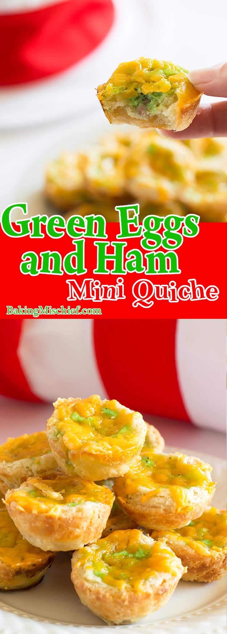 Green Eggs and Ham Mini Quiche - Green eggs, ham, and cheddar cheese in a buttermilk crust make a fun and delicious tribute to one of Dr. Seuss' most beloved works. So tasty you might not want to share them with the kids! Recipe includes nutritional information and freezer instructions. From BakingMischief.com
