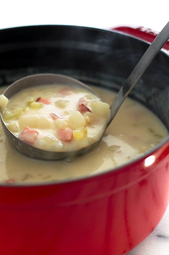 Healthy ham and potato soup is an easy, fast, and low-calorie dinner and one of my favorite busy weeknight meals. From BakingMischief.com