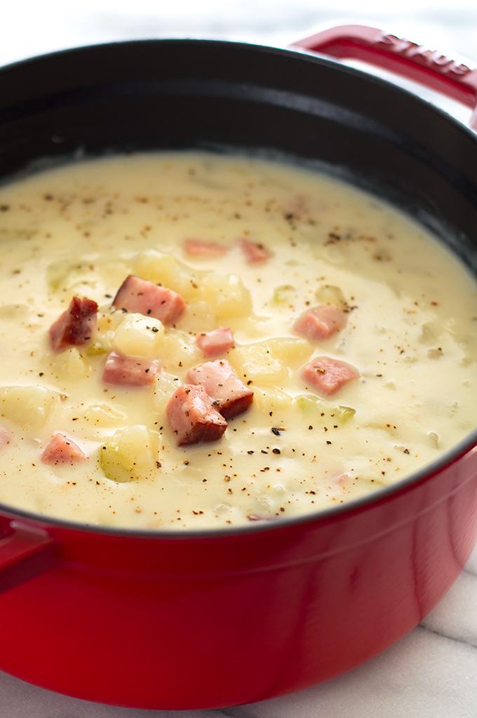 Healthy ham and potato soup is an easy, fast, and low-calorie dinner and one of my favorite busy weeknight meals. From BakingMischief.com