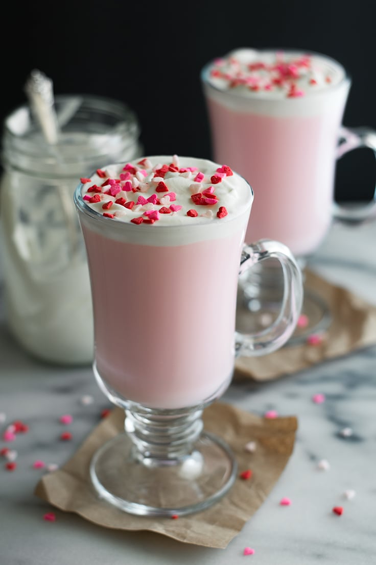 Pink Hot Chocolate with Mason Jar Whipped Cream is the cutest hot chocolate ever, with homemade whipped cream! From BakingMischief.com