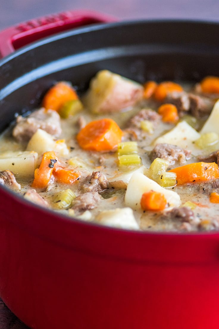 Simple beef stew in a red pot.