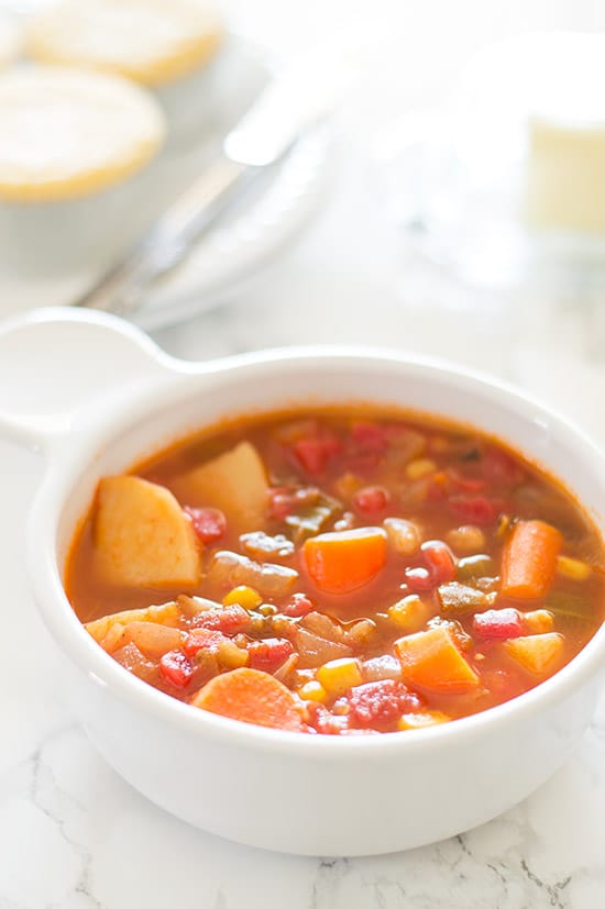Close up of a bowl of vegan veggie stew.