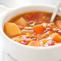 Close up of a bowl of vegan veggie stew.