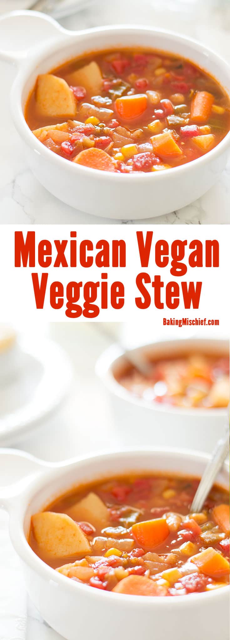 This vegan vegetable stew is made with potatoes, corn, carrots, and celery simmered in a slightly spicy, tangy tomato base. A flavor-packed, low-calorie dinner that just happens to be vegan. Recipe includes nutritional information, low-yield and make-ahead instructions. From BakingMischief.com