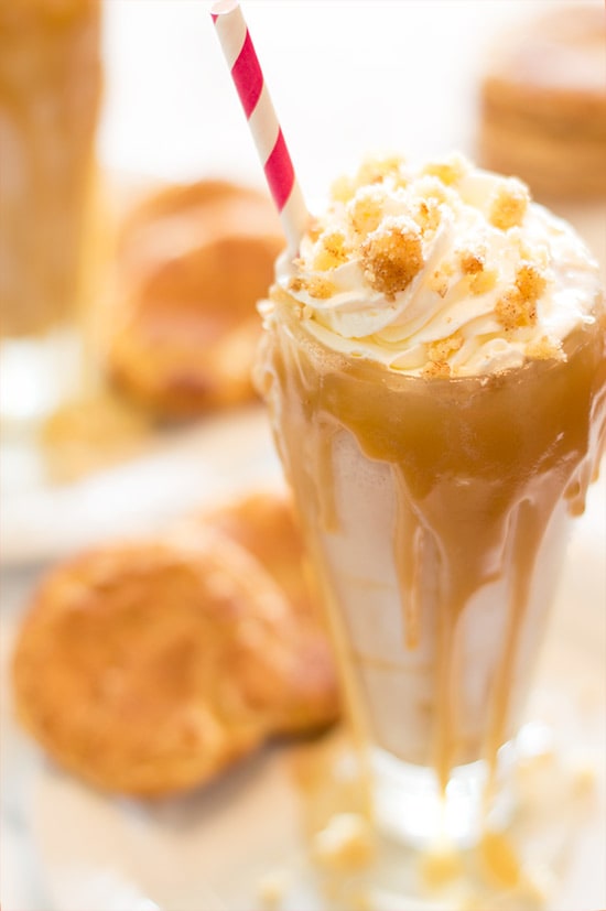 A ridiculously delicious snickerdoodle milkshake topped with salted caramel and whipped cream. Recipe includes nutritional information. From BakingMischief.com