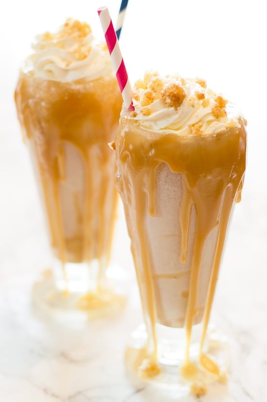 A ridiculously delicious snickerdoodle milkshake topped with salted caramel and whipped cream. Recipe includes nutritional information. From BakingMischief.com