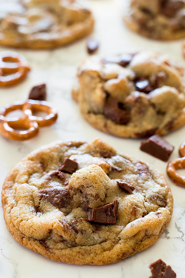 Delicious cookies with chunks of salty, crunchy pretzel and homemade Nutella chips in every bite. Recipe includes nutritional information. From BakingMischief.com