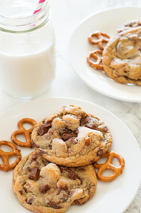 Delicious cookies with chunks of salty, crunchy pretzel and homemade Nutella chips in every bite. Recipe includes nutritional information. From BakingMischief.com