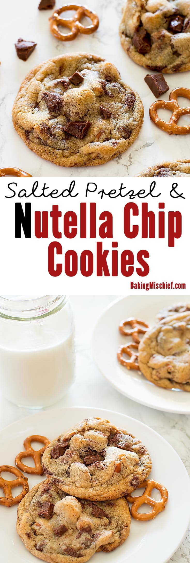 Delicious cookies with chunks of salty, crunchy pretzel and homemade Nutella chips in every bite. Recipe includes nutritional information. From BakingMischief.com