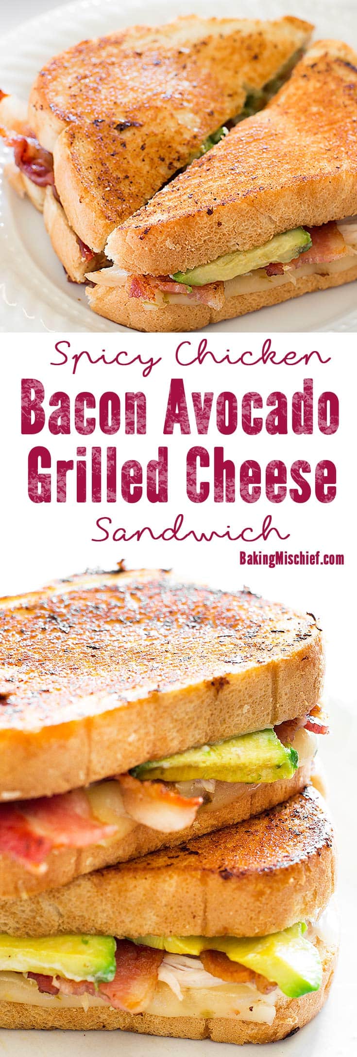 A grown up grilled cheese sandwich loaded with bacon, avocado, chicken, and pepper jack cheese. Recipe includes nutritional information. From BakingMischief.com