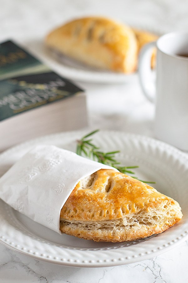 Beef pasty wrapped in a napkin on a white plate with American Gods book in background.