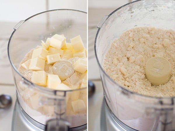 Collage photo of butter being cut into flour for pie dough.