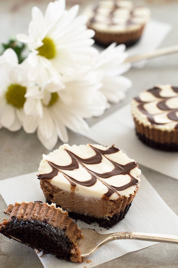 "Pushing Daisies"-inspired mini mocha and Kahlua cheesecakes with a crunchy Oreo cookie base, cool sour cream topping, and fudge sauce. Recipe includes small-batch instructions and nutritional information. From BakingMischief.com