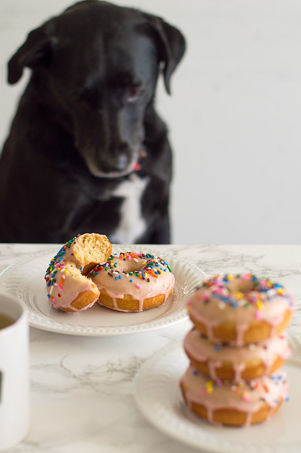 Person of Interest-inspired sencha green tea doughnuts topped with a fresh strawberry glaze and sprinkles. Recipe includes nutritional information. From BakingMischief.com
