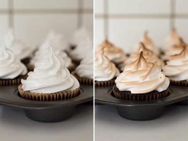 Collage photo of marshmallow frosting before and after toasting.