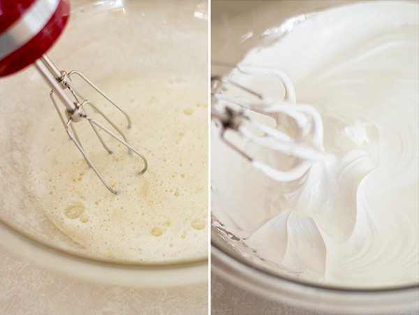 Collage photo of egg whites being beaten for marshmallow frosting.