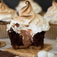 S'mores cupcake with a bite taken out of it.