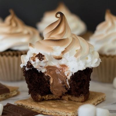 S'mores cupcake with a bite taken out of it.