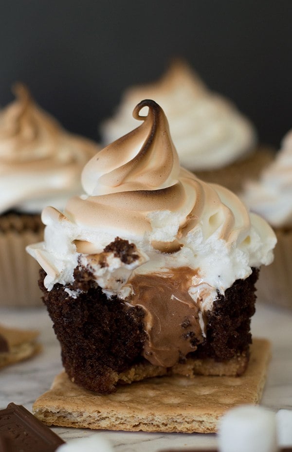 S'mores cupcake with a bite taken out of it.