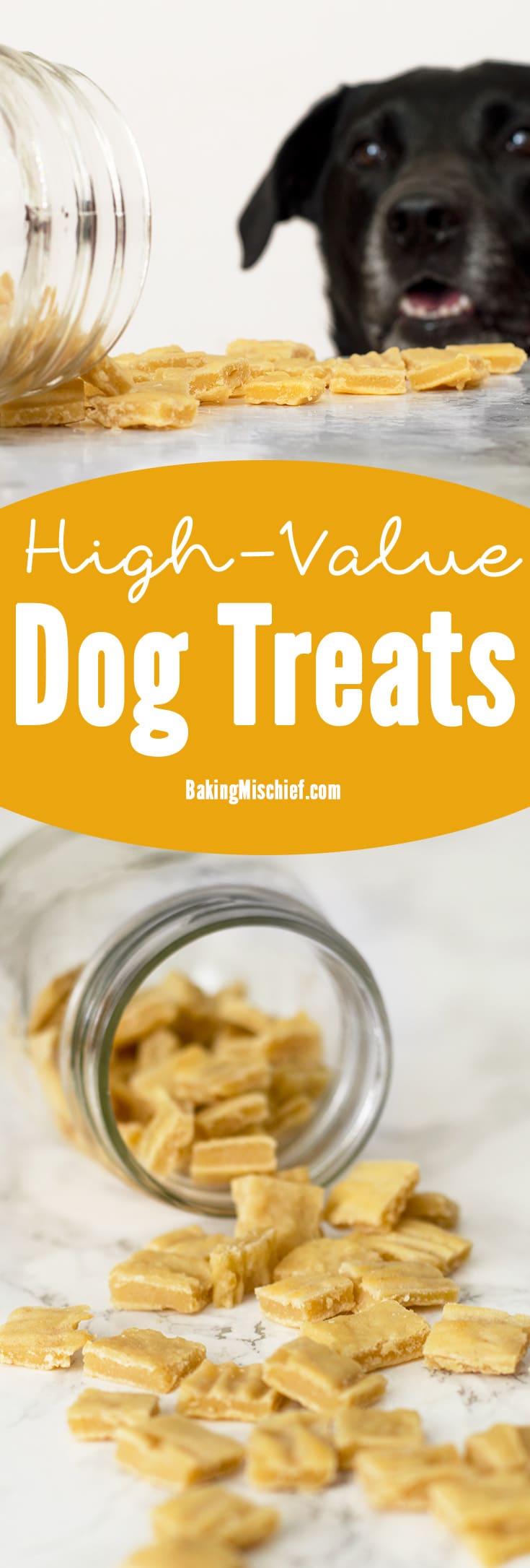 The perfect homemade high-value dog treats for training. Easy, inexpensive, and irresistible to dogs. Your pup will do anything for these things. Also cat friendly--your cat would probably be willing to trip you for one. From BakingMischief.com