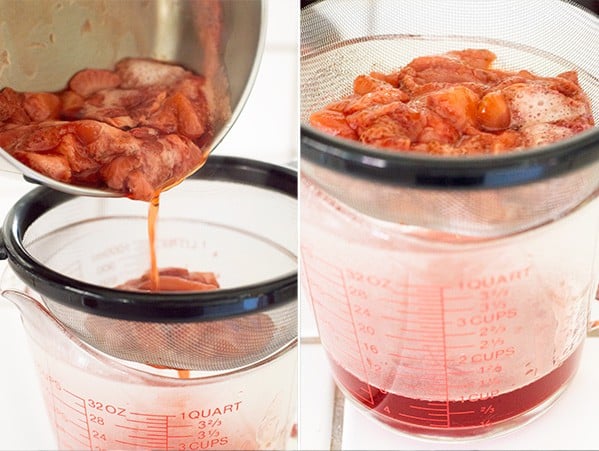 Collage photo of strawberries being strained.