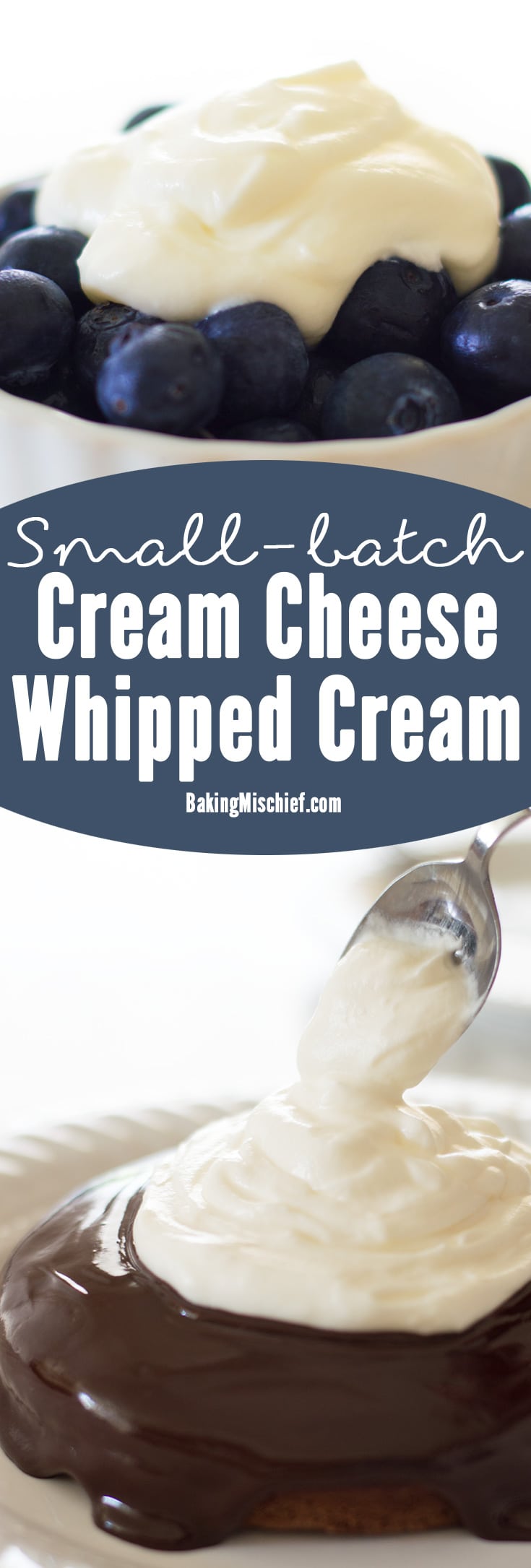 This small batch of light and tangy cream cheese whipped cream is quick and easy to make. Serve over fruit for a light dessert or pile high over baked goods for something truly decadent. Recipe includes nutritional information. From BakingMischief.com