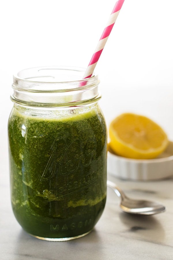 Green smoothie in a mason jar.