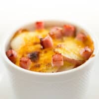 Scalloped potatoes for one in a white bowl.