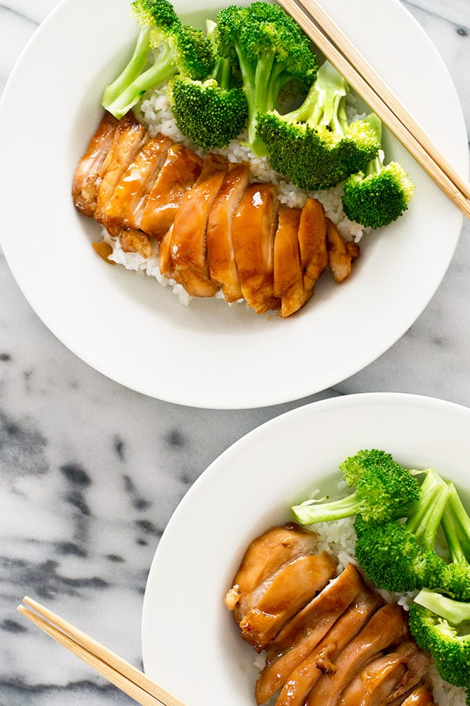 Overhead photo of Teriyaki chicken in a bowls with rice and broccoli.