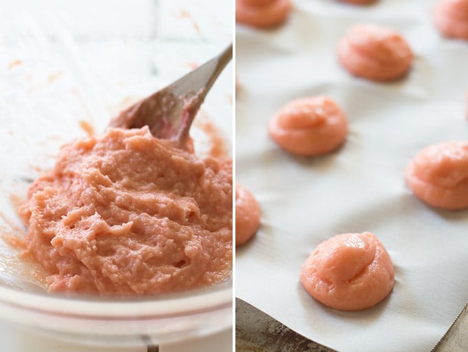 Collage photo of pink cream puffs being made.