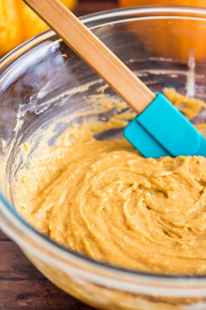 Baked pumpkin donut batter in a bowl.