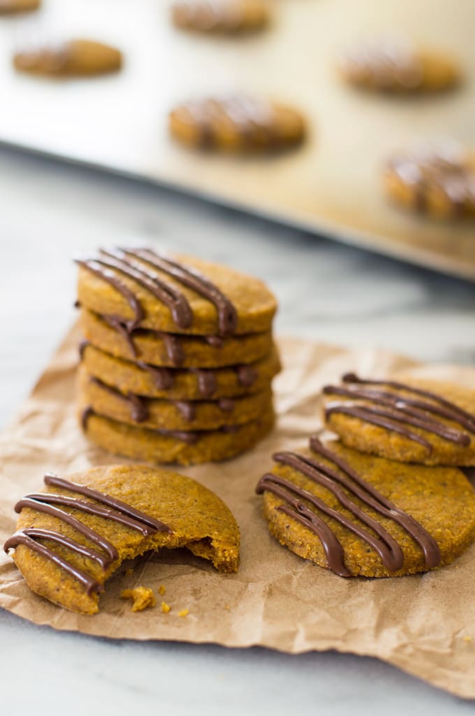 Pumpkin shortbread cookies on butcher paper.