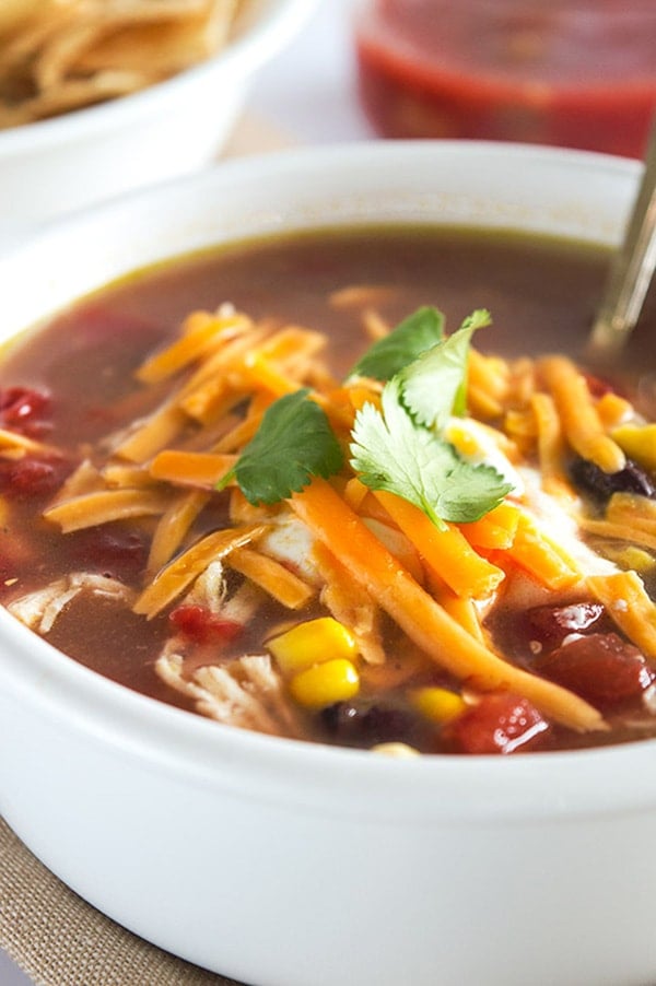 Chicken taco soup in a bowl.