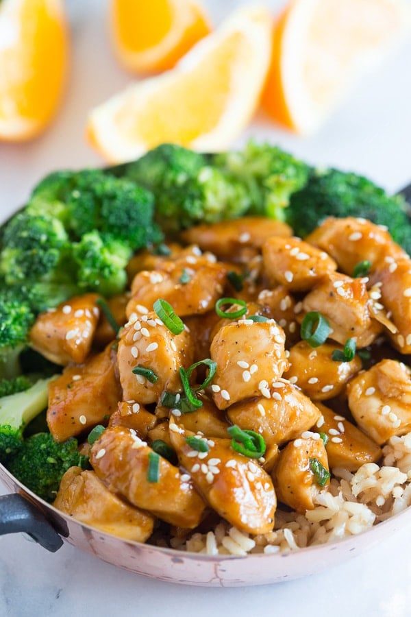 Orange chicken in a bowl.