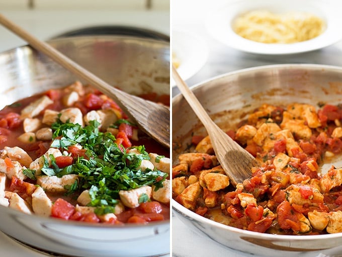 Collage photo of basil chicken sauce being put together in a skillet.
