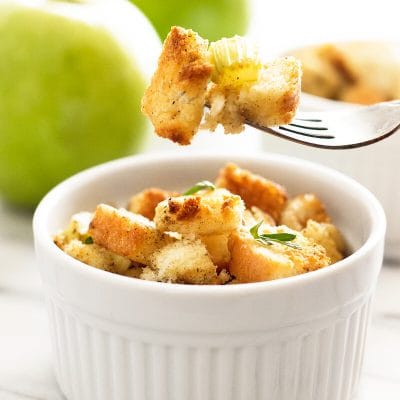 Easy apple stuffing makes a perfect side dish for two. From BakingMischief.com