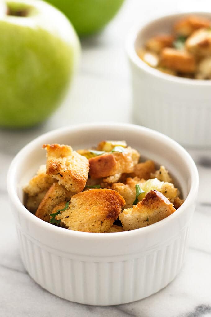Apple stuffing in a white ramekin.
