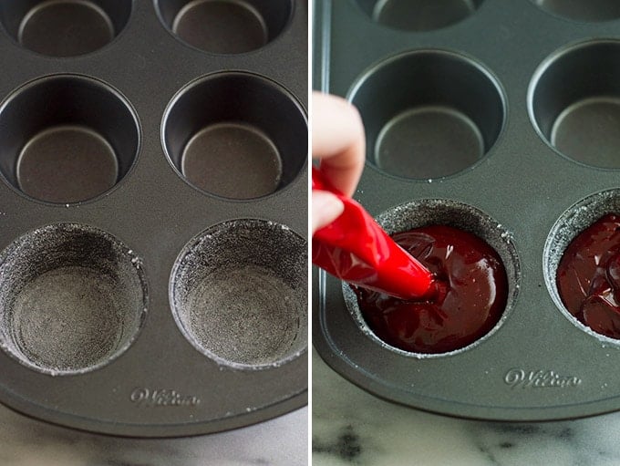 Collage of red velvet lava cakes being filled.