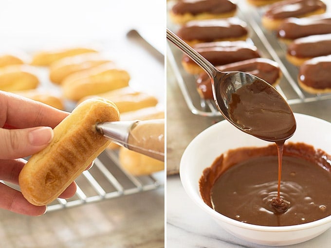 Collage photo of pumpkin eclairs being filled with pastry cream and chocolate ganache.