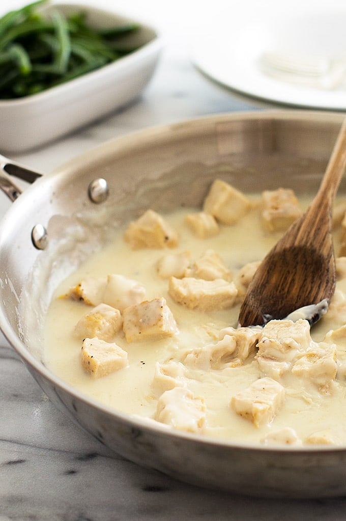 Creamed turkey in a skillet.