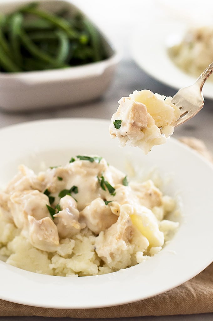 Forkful of Creamed turkey over mashed potatoes.