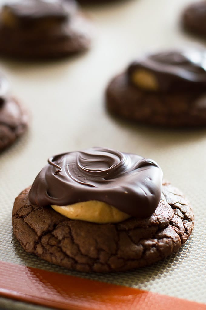 Small-batch buckeye brownie cookies on a baking sheet.
