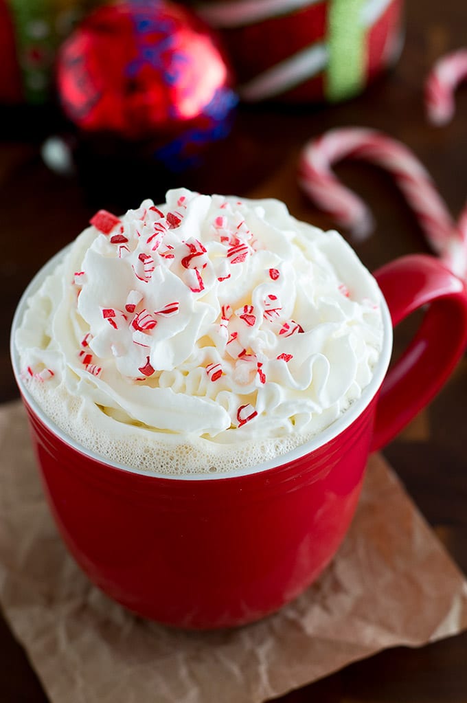 Peppermint white chocolate mocha in a red mug.