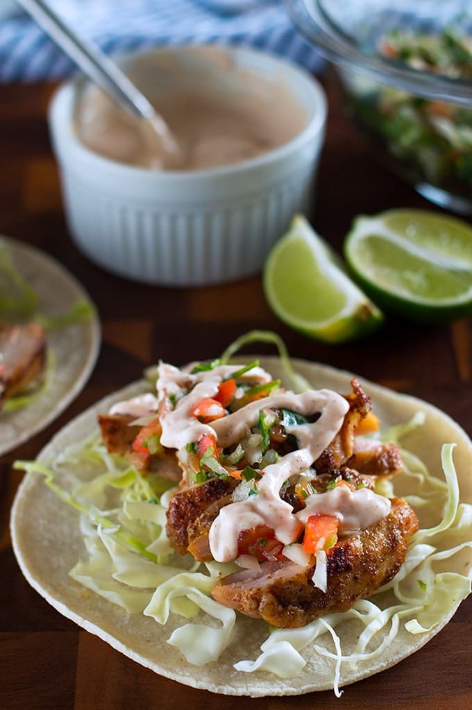 Chipotle Chicken Tacos with Yogurt Sauce make a fabulous easy dinner. From BakingMischief.com
